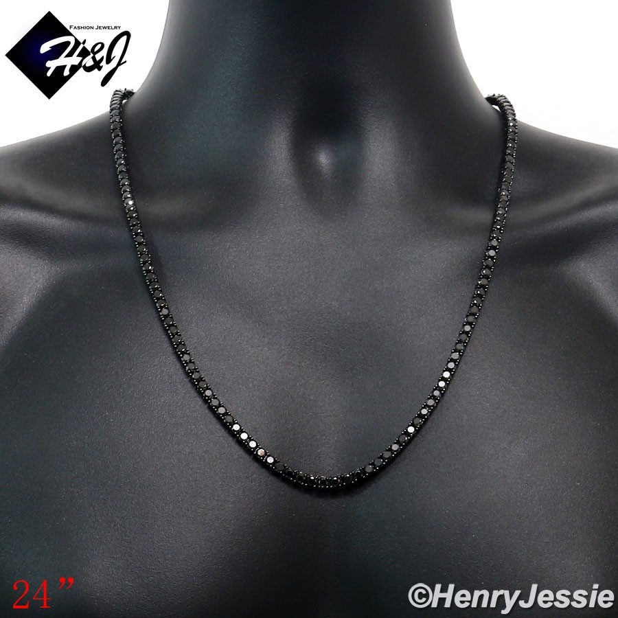 22″MEN 14K BLACK GOLD PLATED ICY BLING CZ 4MM 1 ROW TENNIS CHAIN NECKLACE*BBN2
