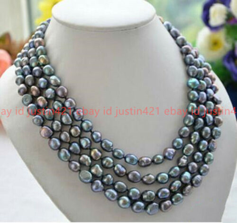 Rare Natural 8-9mm Freshwater Peacock Black Baroque Pearl Necklaces 16-100″