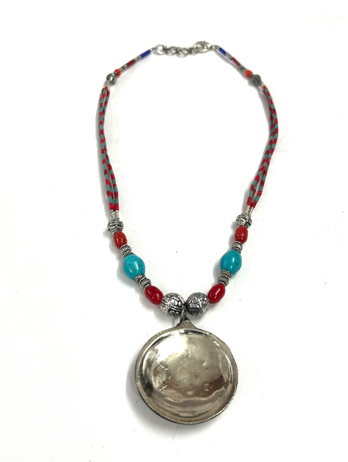 Handcrafted Red Coral Turquoise Gemstone Tibetan Necklace Jewelry, 17 Inch Adjs