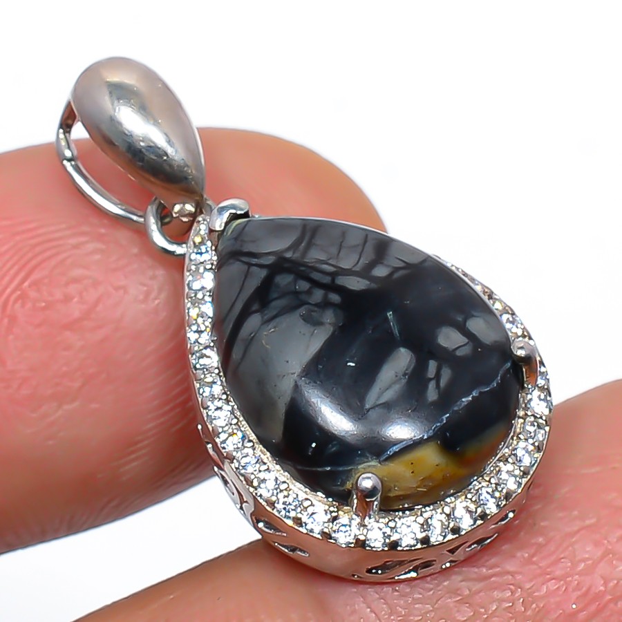 Picasso Jasper, Cz Gemstone 925 Sterling Silver Pendant Jewelry 1.2″ T74