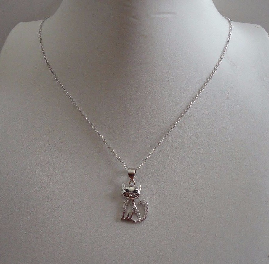 CAT NECKLACE PENDANT LAB CREATED DIAMONDS / 925 STERLING SILVER 11MM BY 17MM