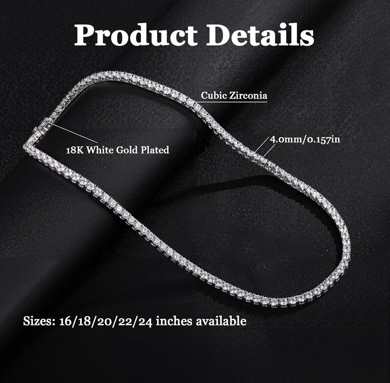 Gemsme 18K White Gold Plated 3.0mm Round Cubic Zirconia Classic Tennis Necklace