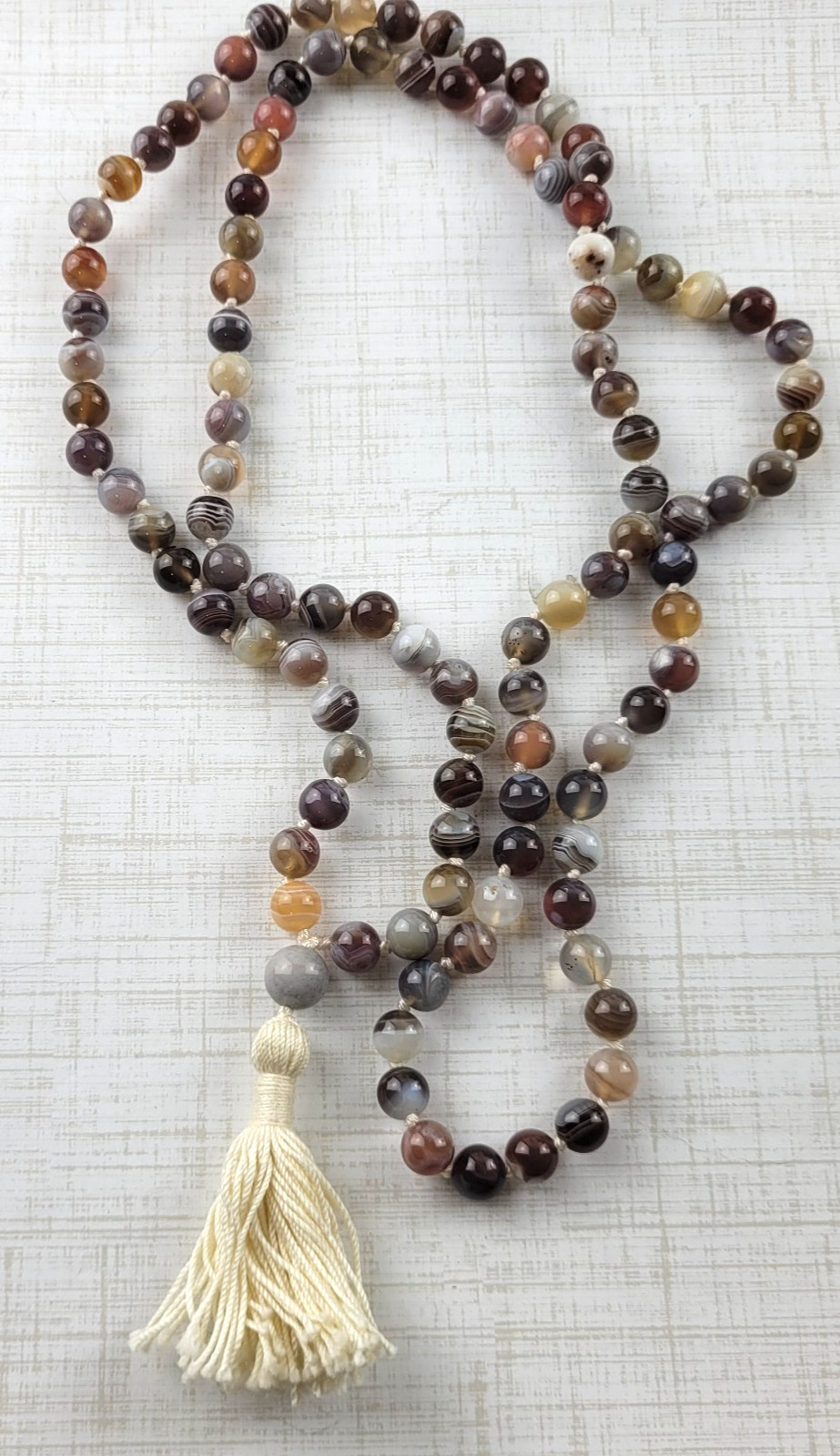 Agate Prayer Bead Necklace Hand Knotted Multi Color 38″