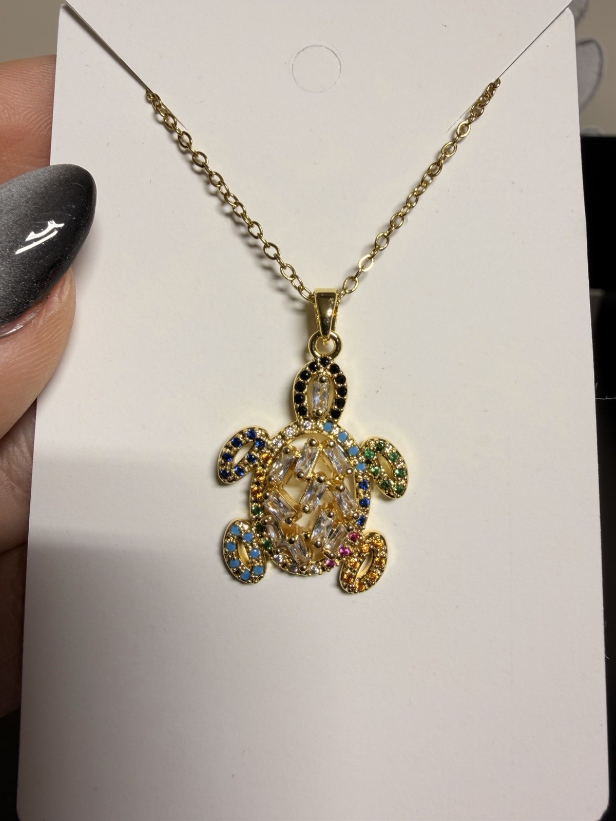 Gold Plated Pavé Multicolor CZ Turtle Charm Pendant Cable Chain