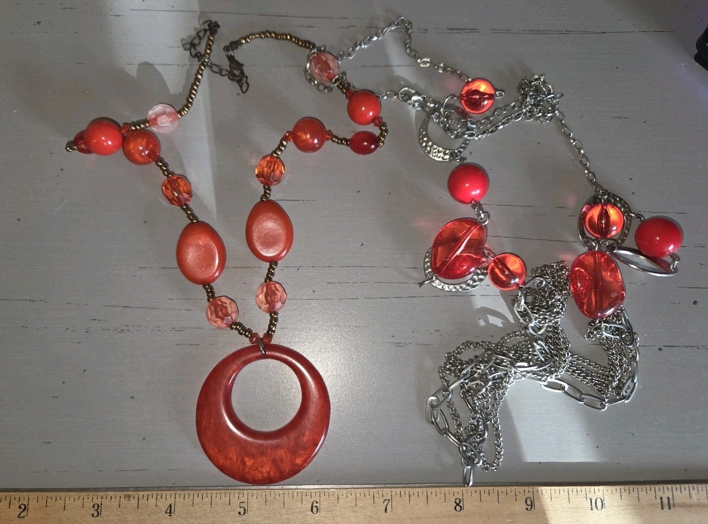 2 Red Bead Necklaces Silvertone Chain 18 Inch And 32 Inch
