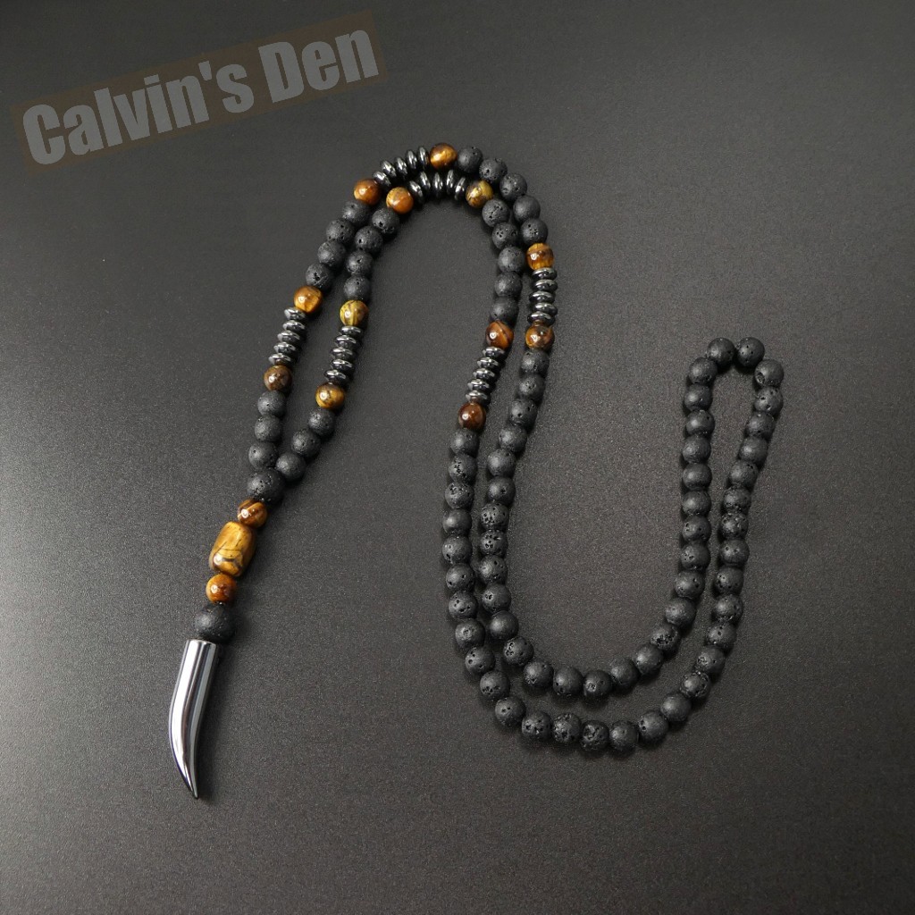 Lava Stone Tiger Eye Black Hematite Tooth Fang Pendant Necklace Men Gift Sleek