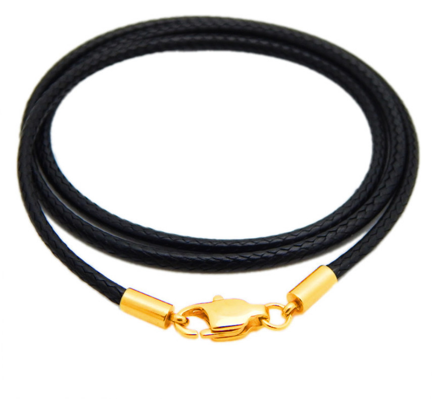 2mm Black Rope Leather Cord Chain Gold Tone Stainless Steel Lobster Clasp 16-32″