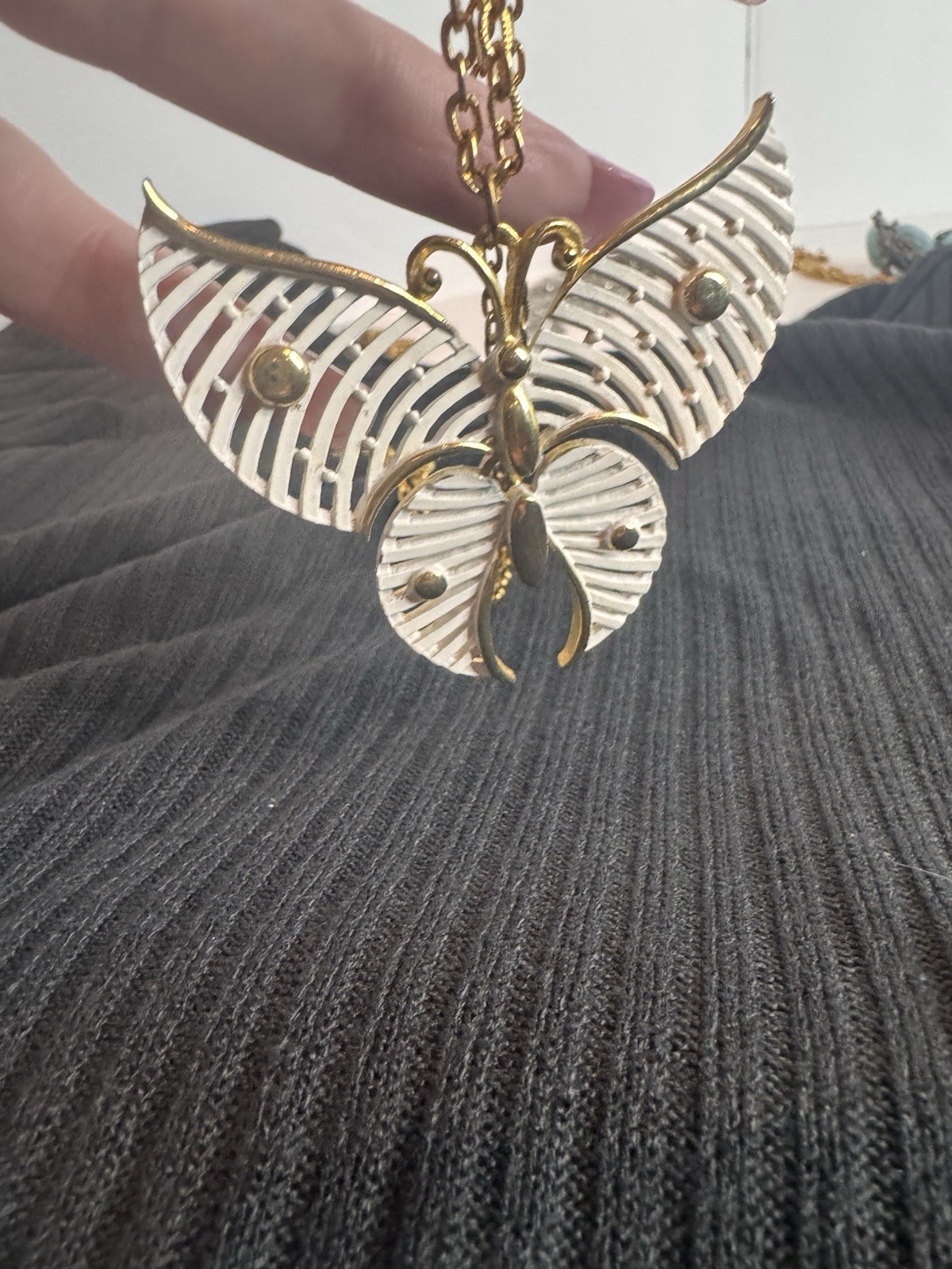 Vintage Butterfly Necklace White And Gold On Long Gold Tone Chain