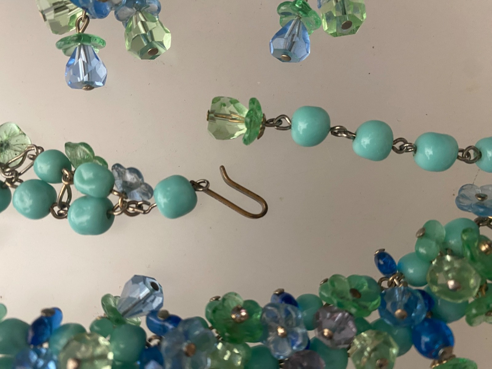 Vintage Mid Century Blue Green Glass Floral Necklace and Earrings Set Germany