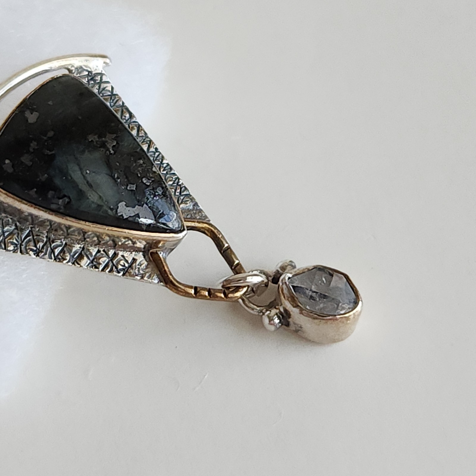 Sterling Silver Black Moss Agate Pendant 925 Artisan Mixed Metal 5.3g