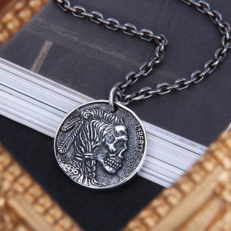 Indian Skull Head Buffalo Koi 1936 Coin Double Sided Pendant 925 Sterling Silver