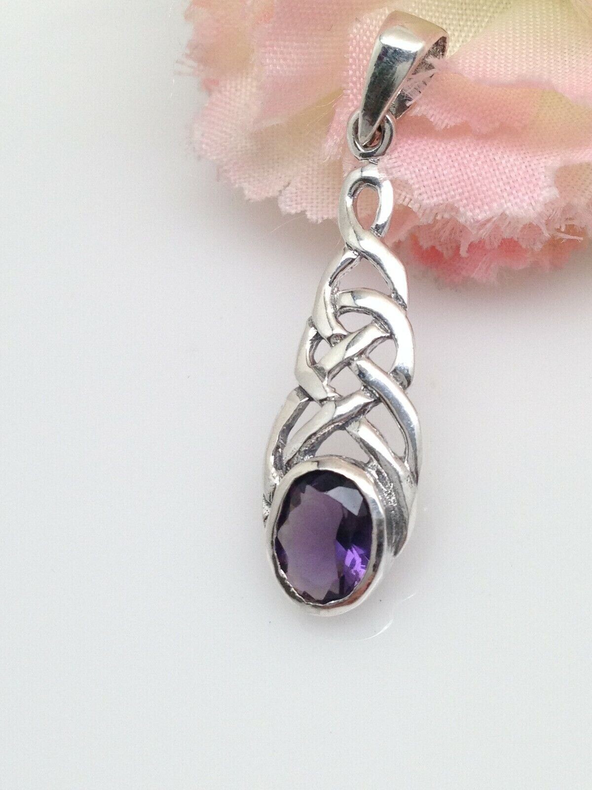 925 Sterling Silver Celtic Knot Purple CZ Pendant Women 26mm(1.02″)/34mm(1.34″)