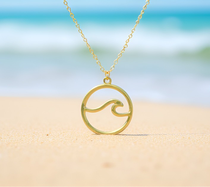 Ocean Wave Circle Pendant Chain Necklace For Women Girls Stainless Steel Round