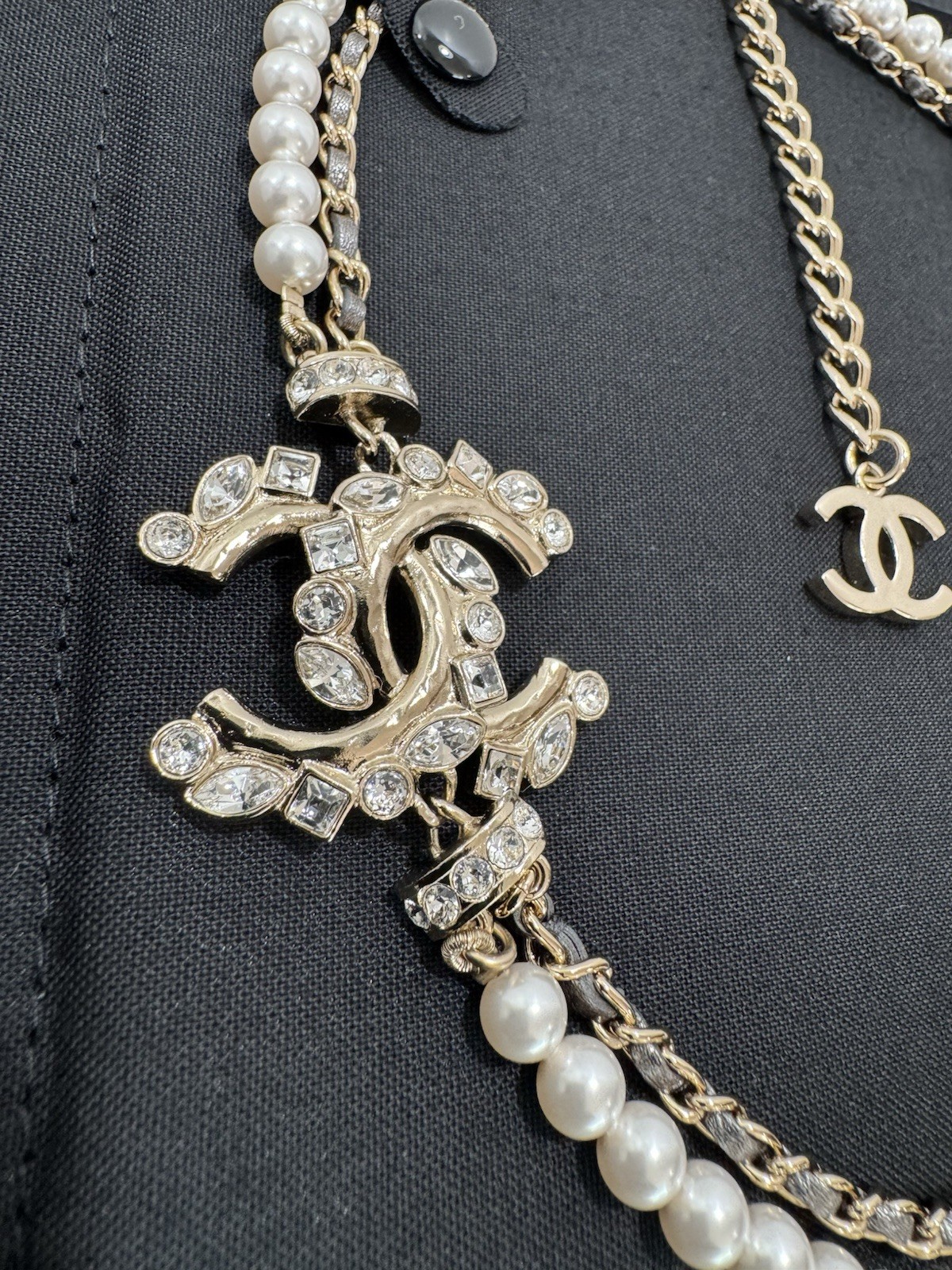 Chanel Pearl Crystal CC Necklace Bronze Leather 23P Adjustable Light Gold Chain