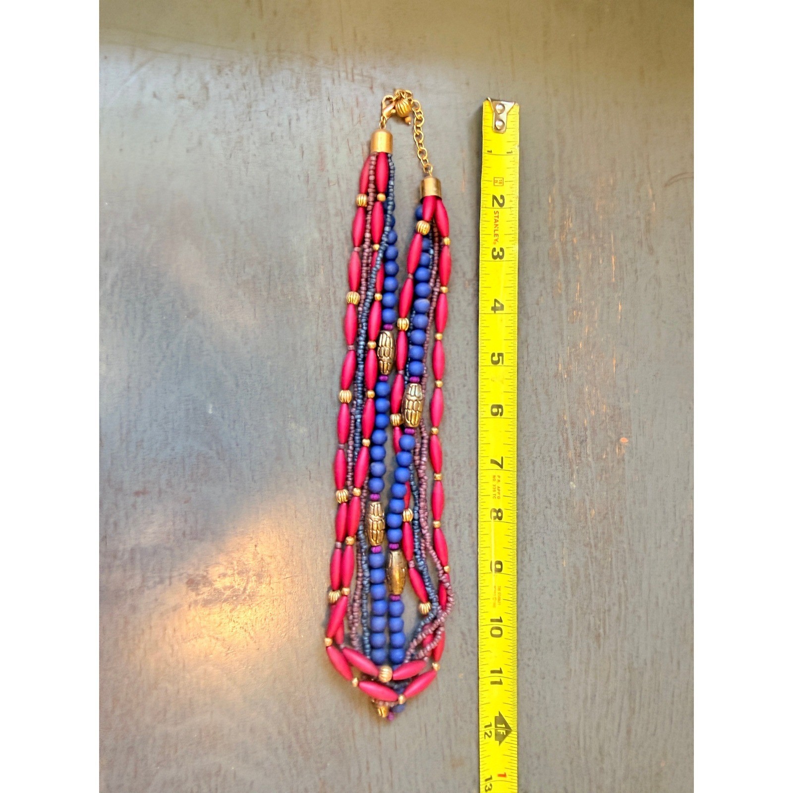Multi Strand Beaded Statement Necklace Pink Blue Gold Tone Boho Layered 22 Inch
