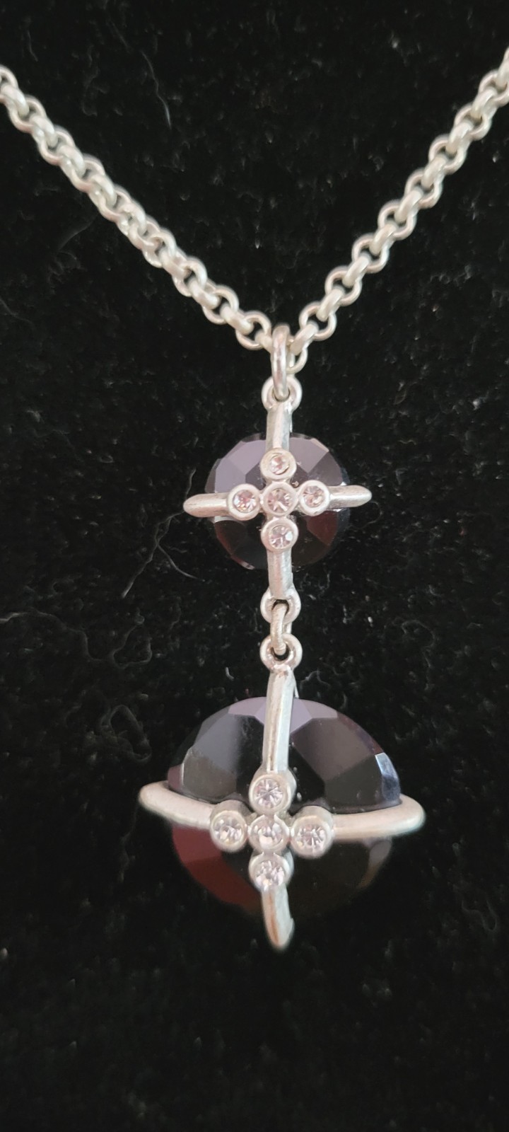 Silver Tone Pendant Necklace w/ Black Crystal Bead Lobster Clasp Bastian Brother