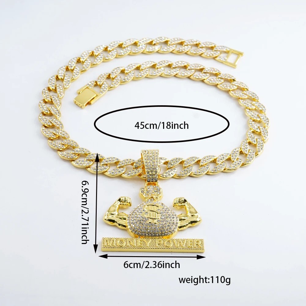 HipHop MONEY POWER Pendant Necklace Chain CZ Iced Fashion Punk Men Women Jewelry