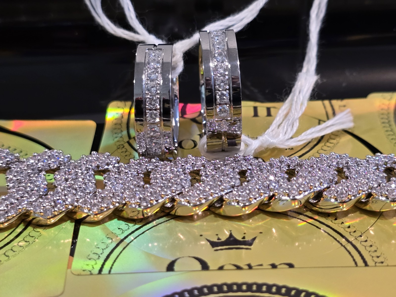 Qorn Iced Out Jewelry Set 14mm 2-Row CZ Cuban Chain & Stainless Steel Rings