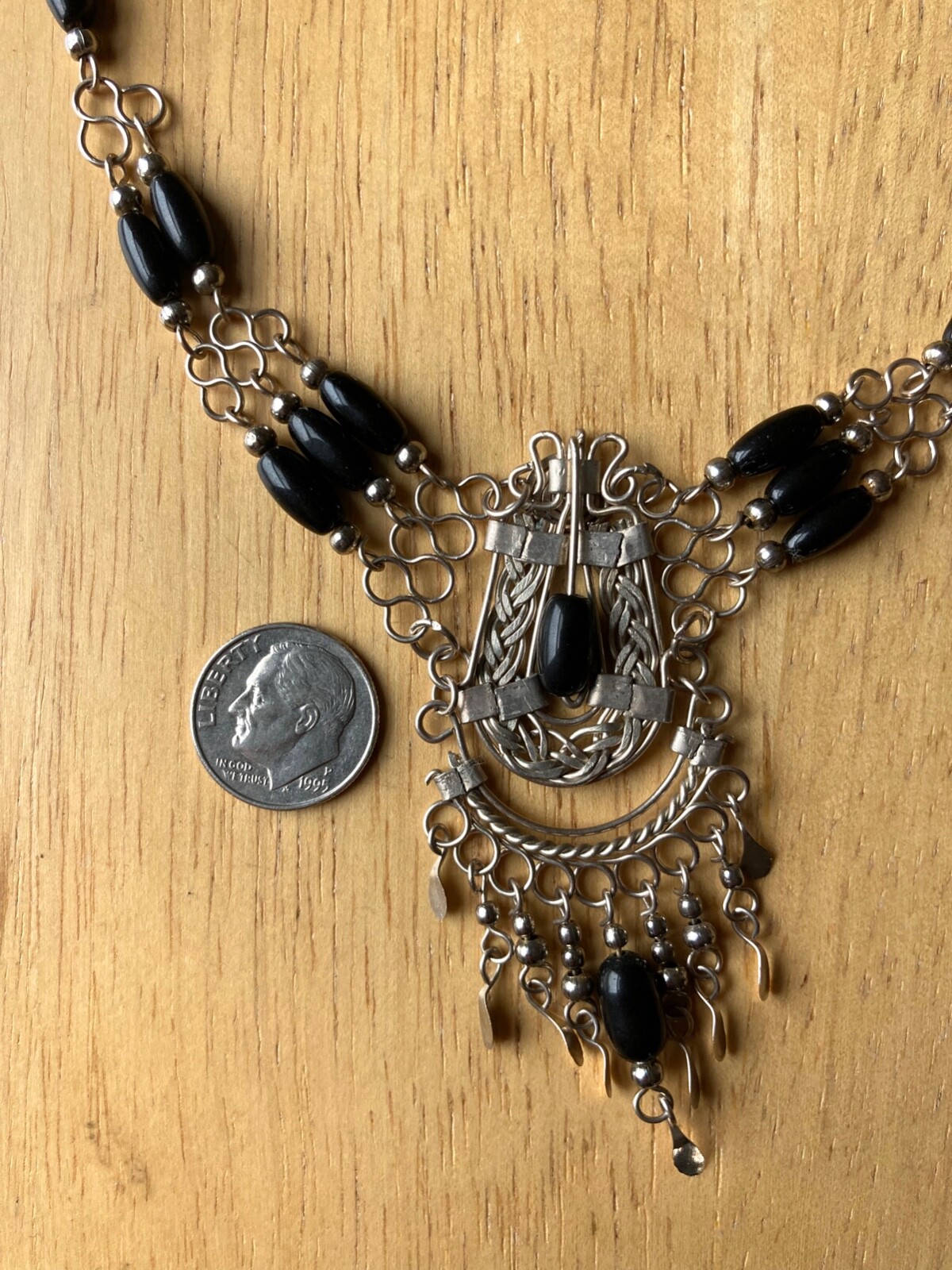 New Handmade Peruvian Alpaca Silver Black Beaded Chocker Necklace 17″ Long