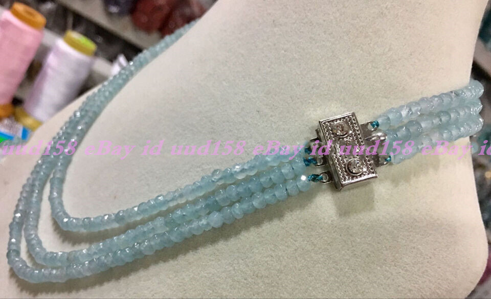 3 Rows Faceted Light Blue Aquamarine Rondelle Gems Beads Necklace 17-19” AAA