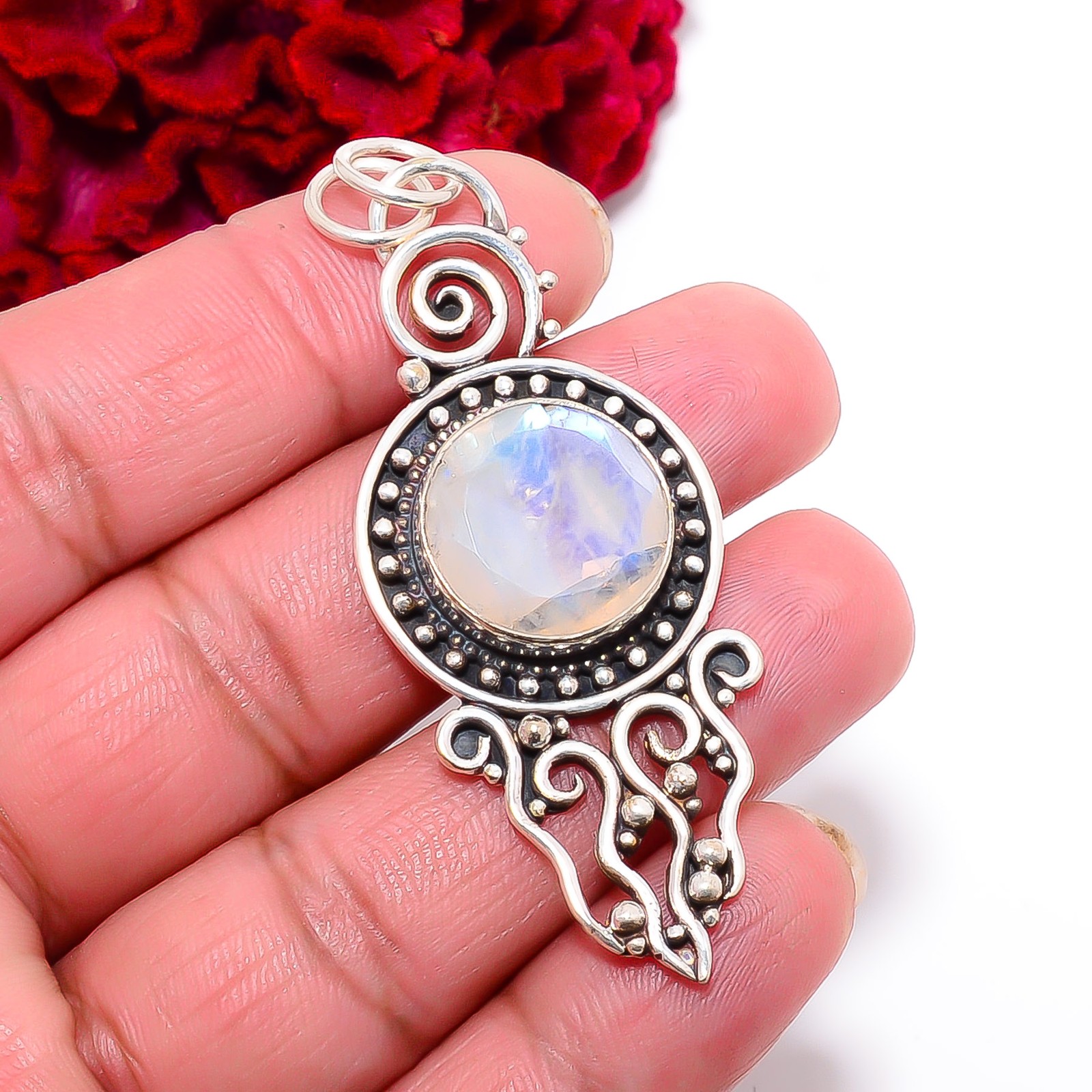 Rainbow Moonstone – India Handmade 925 Sterling Silver Pendant 2.34″ P27