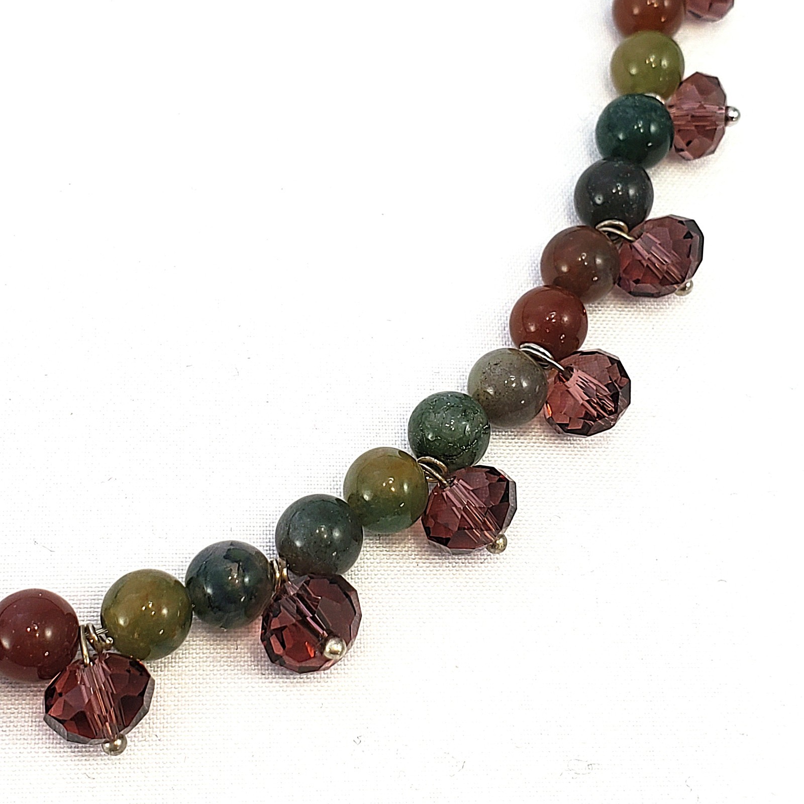 Semiprecious STONE and Dangly Glass Bead Necklace Silver Tone 18″ to 20.5″