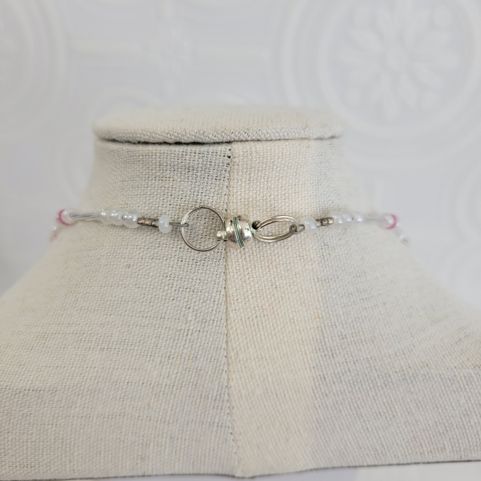 Lampwork Beaded Necklace Pink Crystal Floral Silver Tone Magnetic Clasp 18 Inch