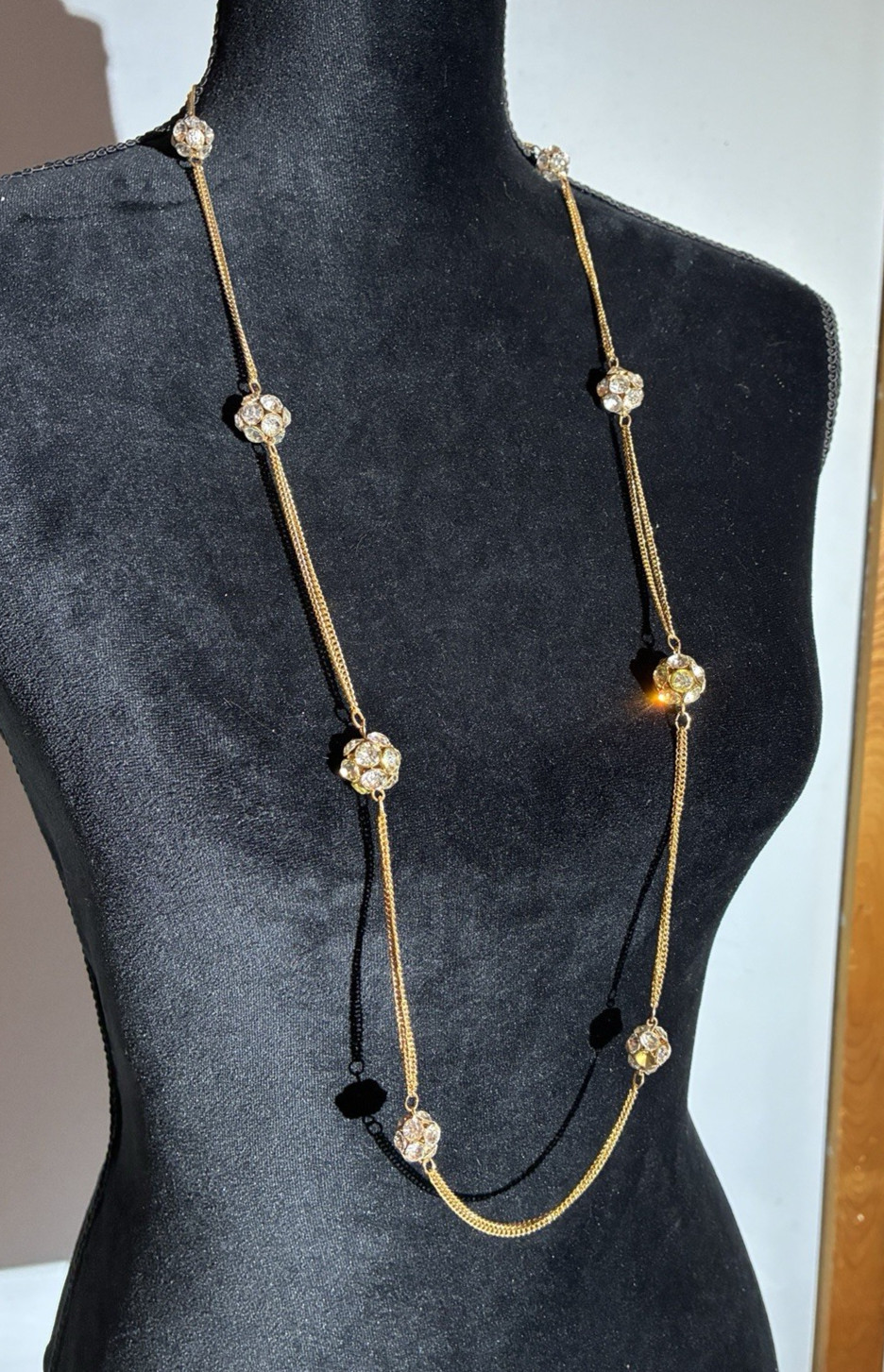 Long Gold Chain Necklace With Rhinestone Balls 36″ – 40″ Multi facet sparkle