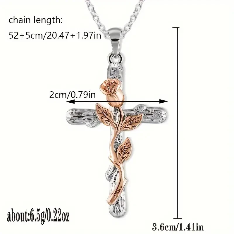 Fashion Rose Golden Floral Flower Cross Pendant Necklace Gift Women Silver Color
