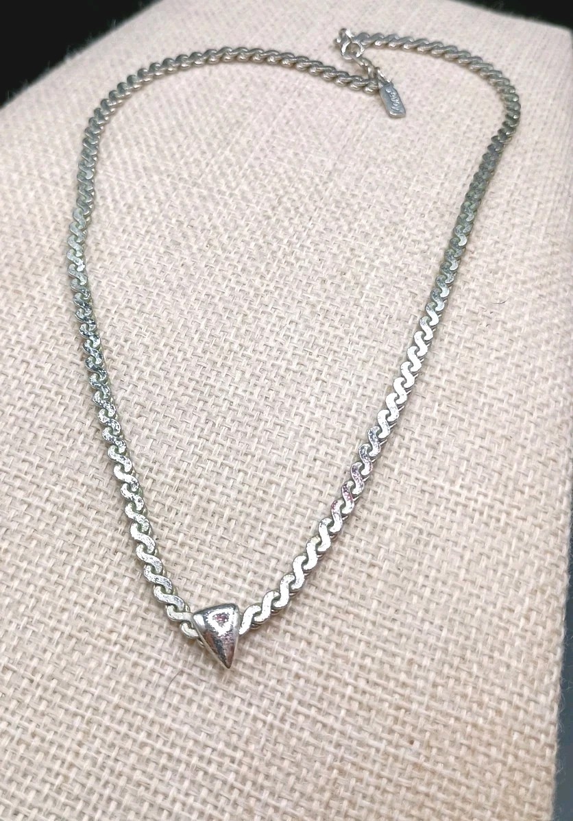 Vintage Monet Necklace Silver Tone Flat Curb Link Modernist Triangle Pendant 15″