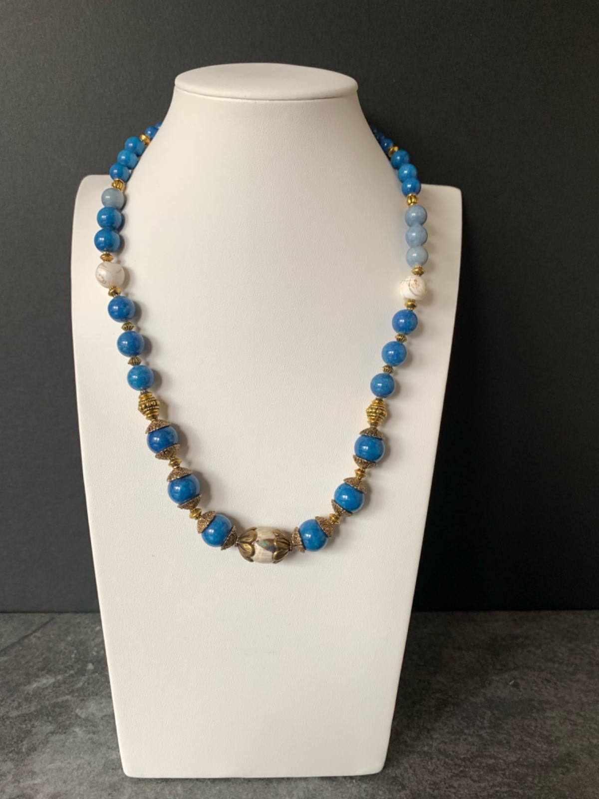 Conch Focal Bead in brass, Blue Howlite beads, Two Conch beads, 20″ Necklace 48