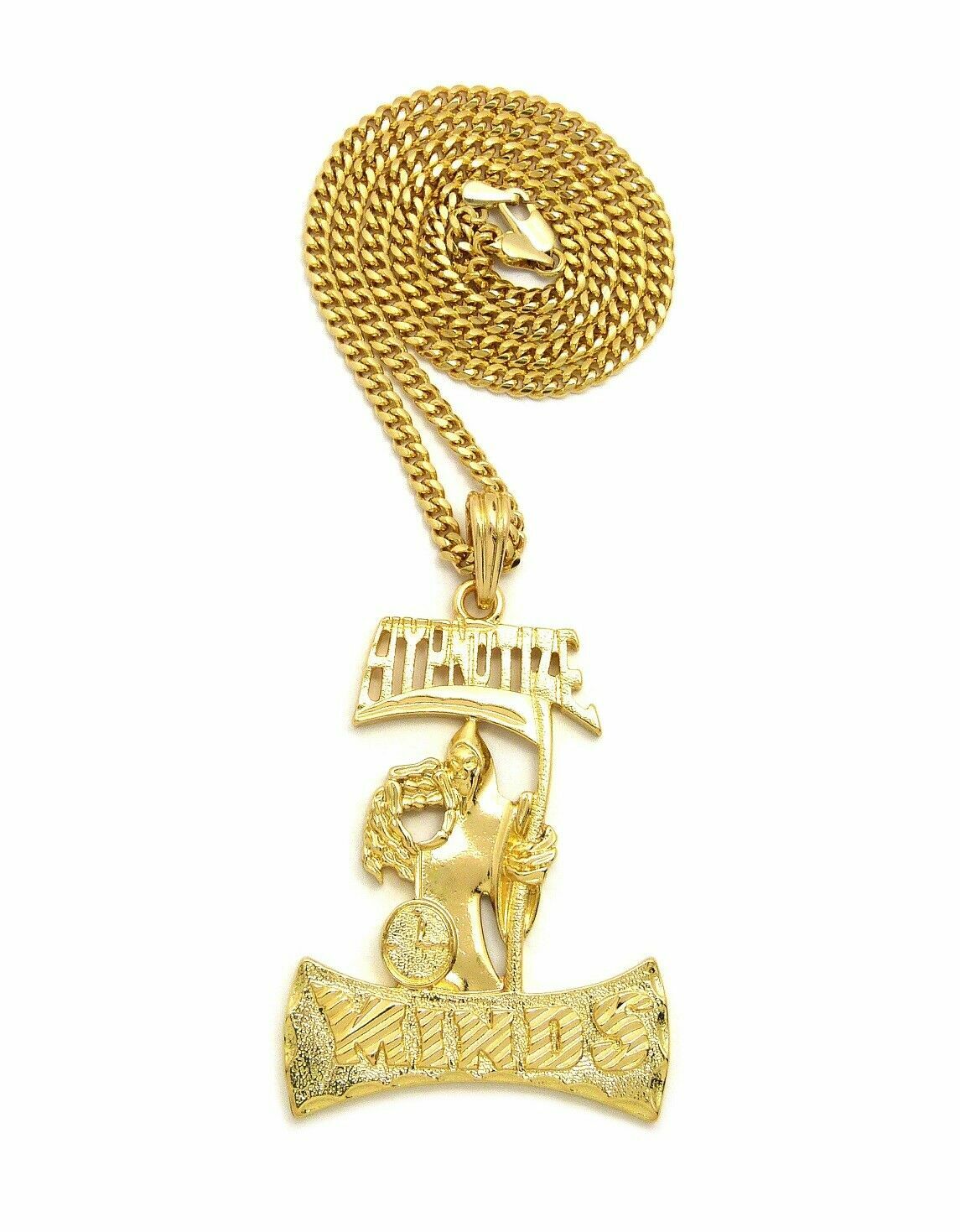 HIP HOP GOLD PLATED HYPNOTIZE MINDS PENDANT & 3mm 24″ CUBAN CHAIN BLING NECKLACE