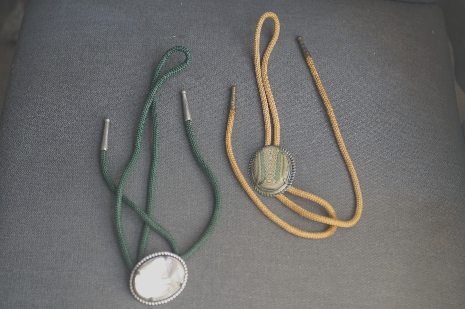 Vintage Abalone on Green Cord 18″ Lariat String Ties (2), adjustable length