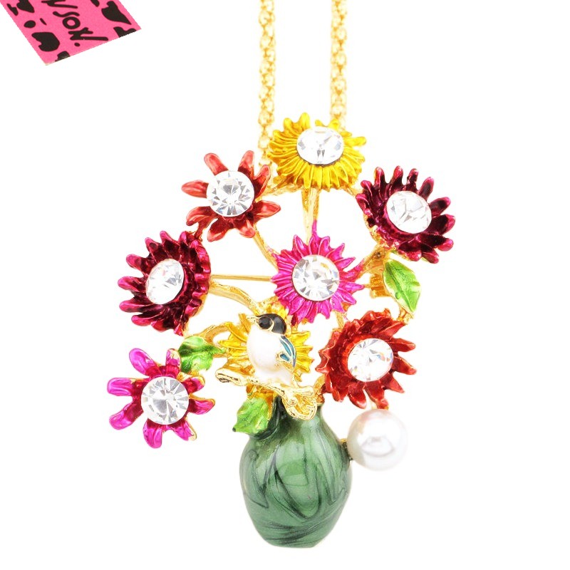 New Fashion Multicolour Enamel Cute Flower Vase Crystal Pendant Women Necklace
