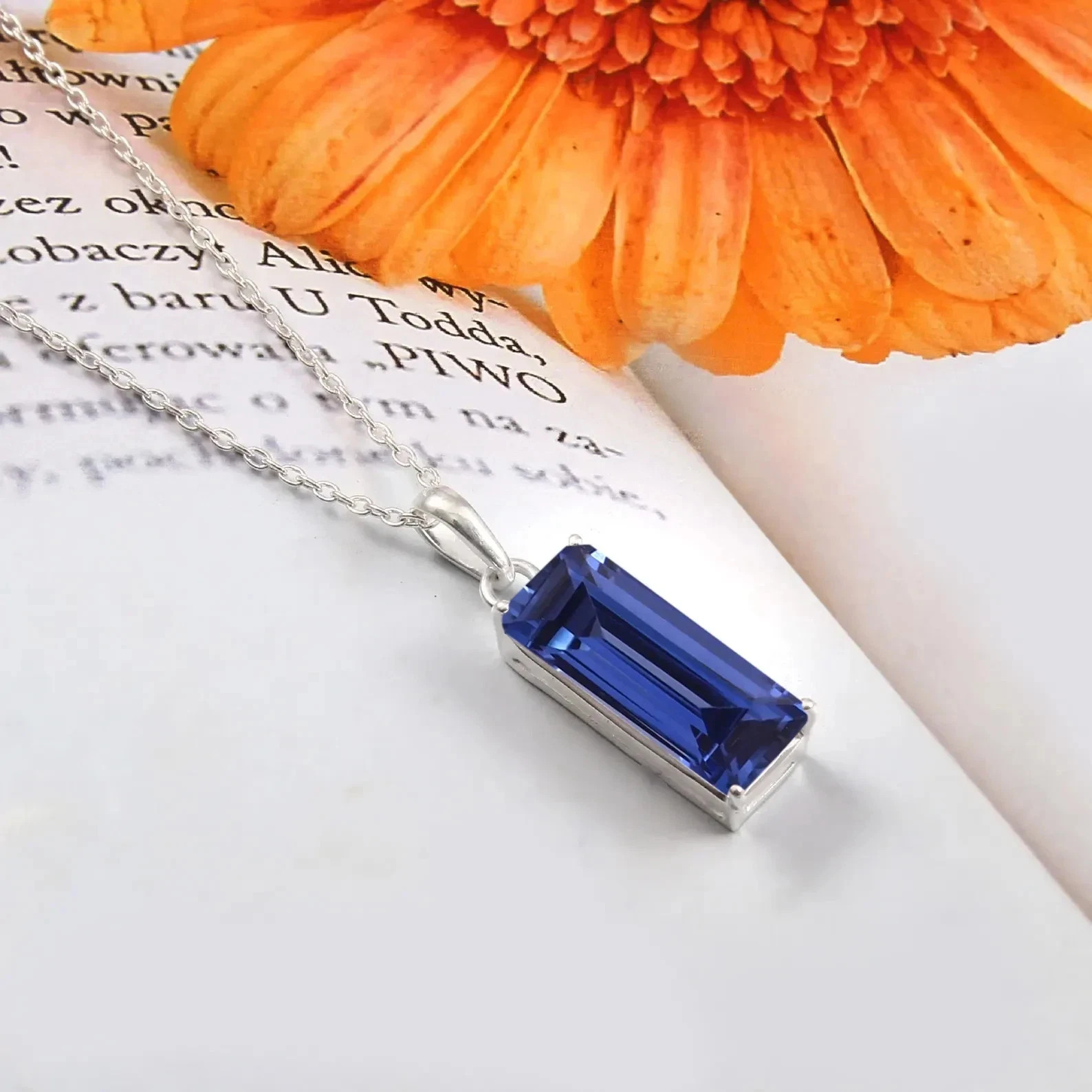 AA Flawless Ceylon Blue Sapphire Baguette Pendant:Sterling Silver Charm 20×8 mm
