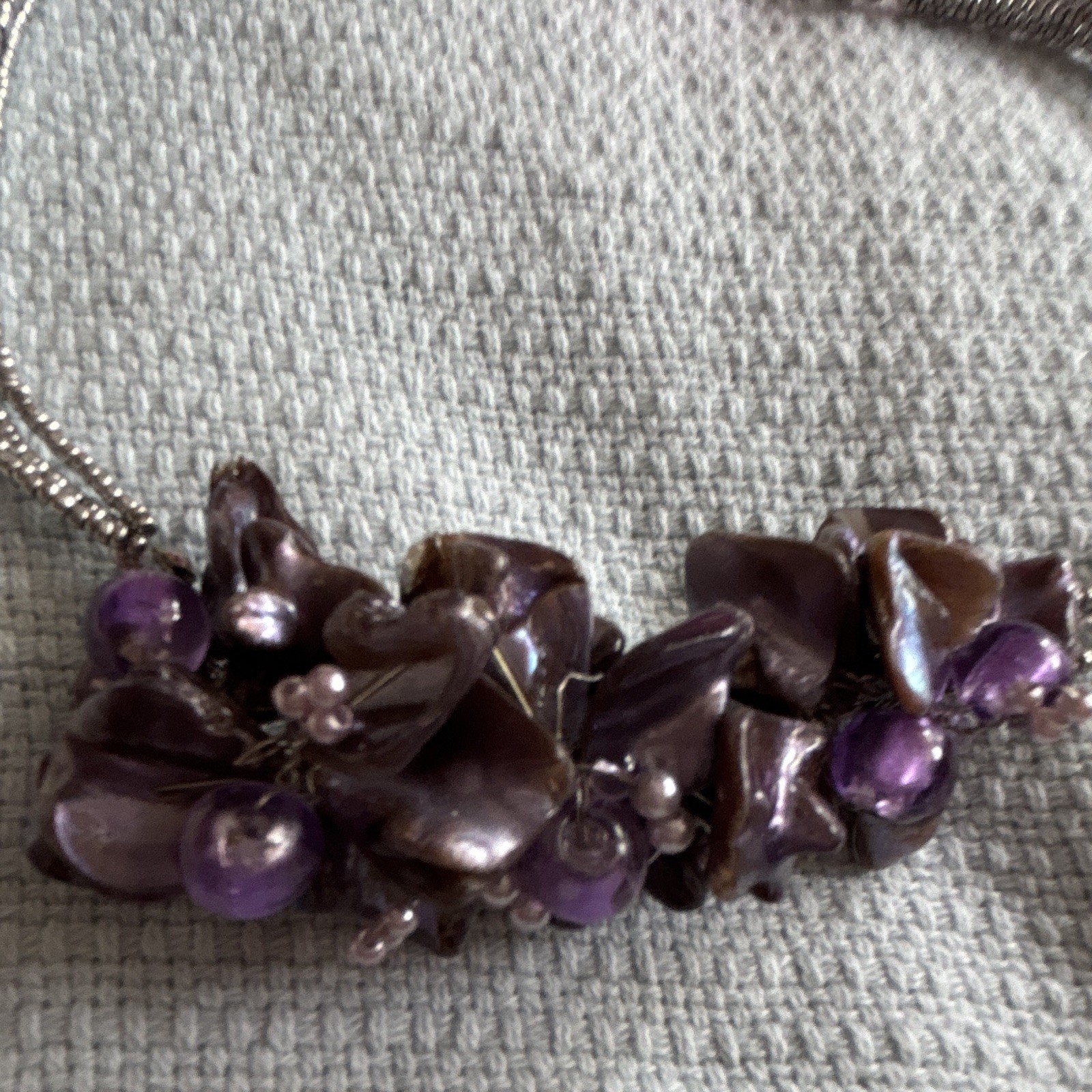 Silver Tone Multi-Strand Purple Beaded Necklace Amethyst Pearl Cluster Lobster