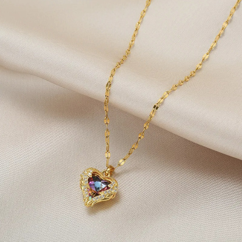 1pc Colorful Crystal Ocean Heart Necklace Women Stainless Steel Chain – NEW