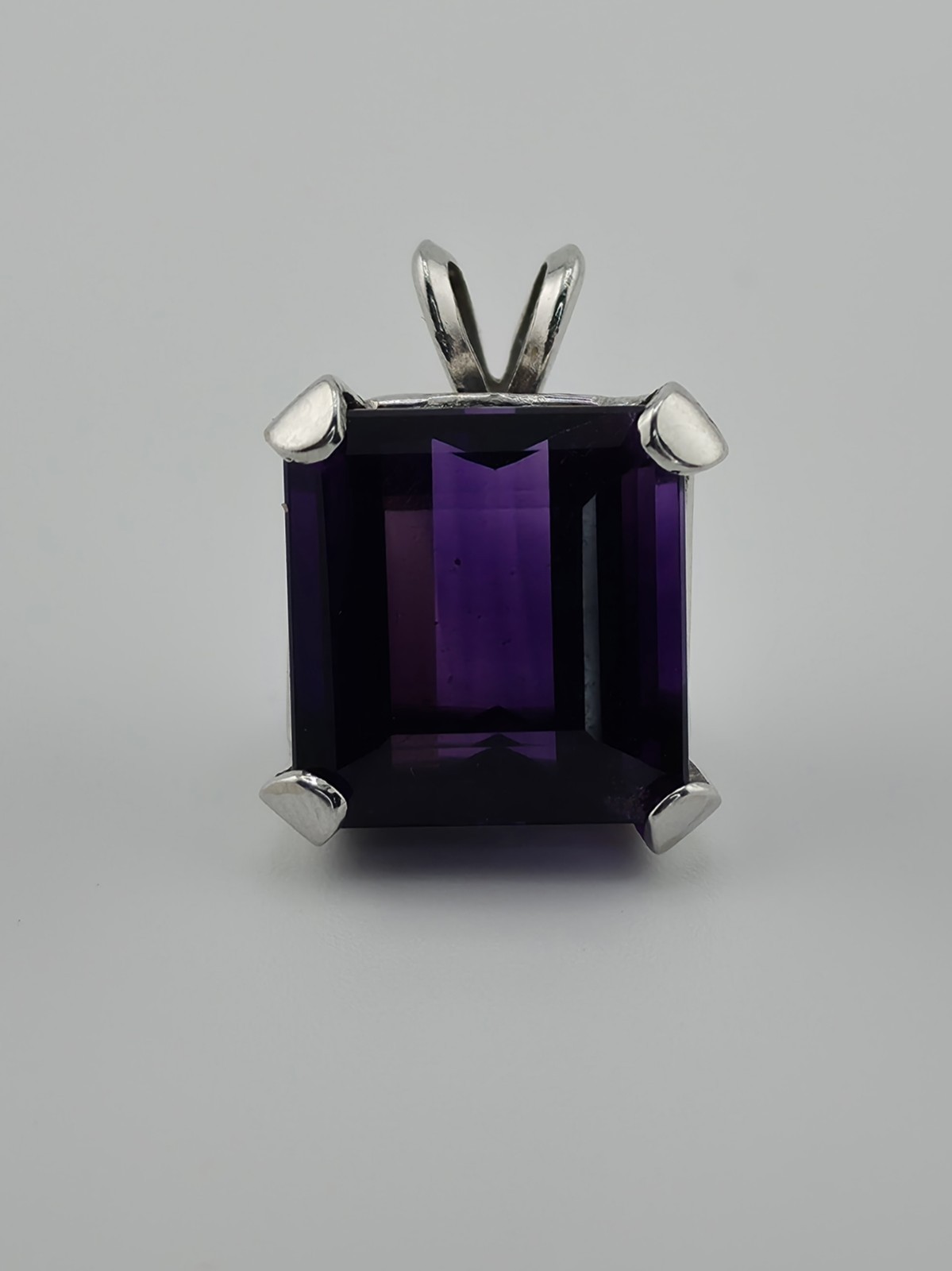 14K SOLID White Gold, Large Amethyst, Emerald Cut, Square 12x11mm Pendant