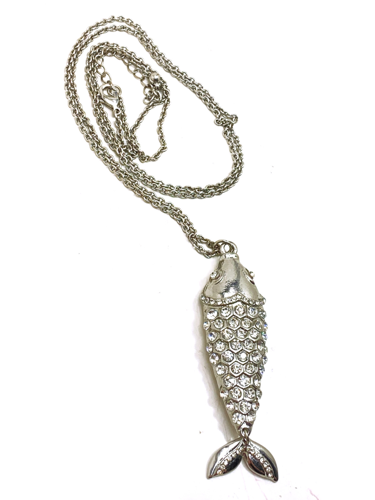 Fish Pendant Sparkly Pave Rhinestone 32 in Long Silver Tone Chain
