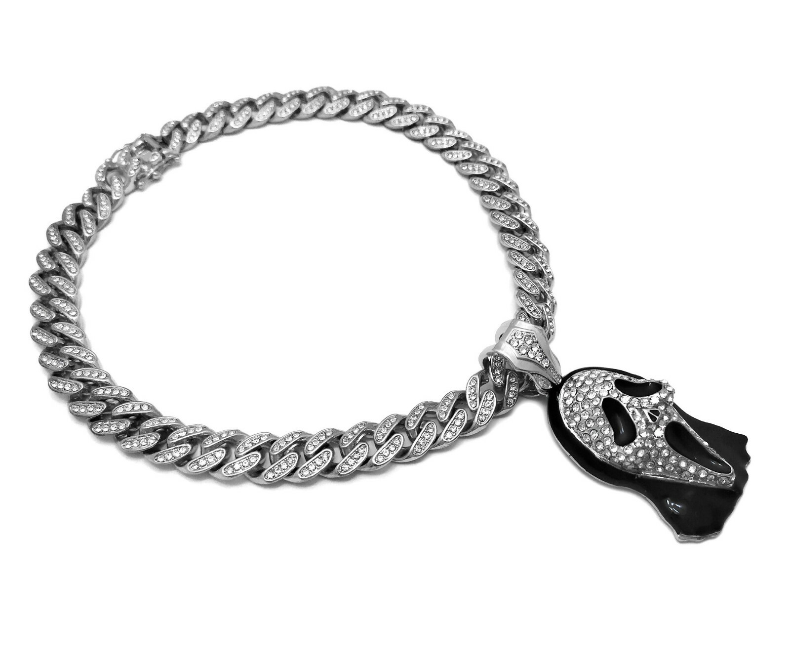 Hip Hop Scream Mask Pendant & 18″ 20″ 24″ Iced Box Lock Cuban Chain Necklace