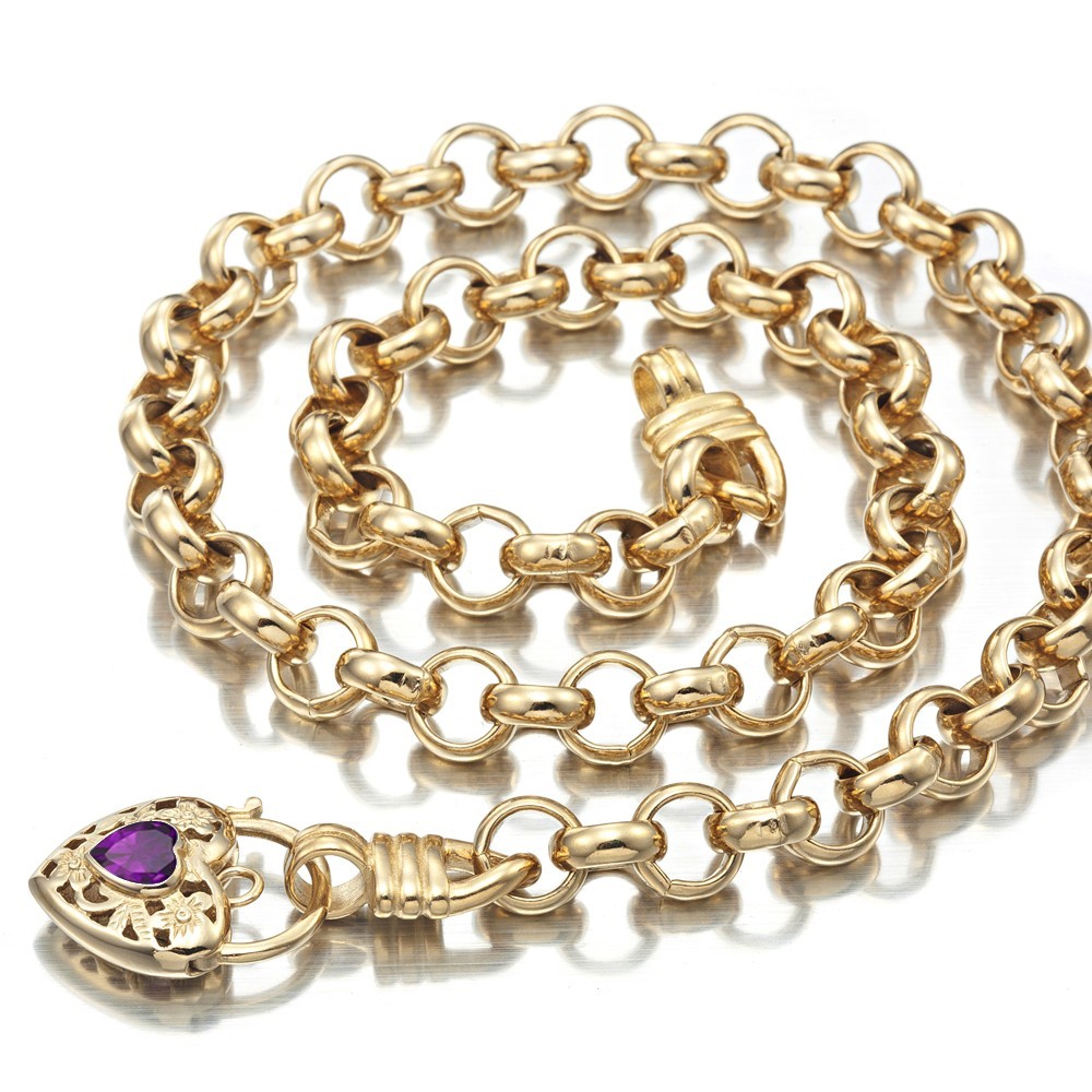 18K GL Thick Belcher Yellow Gold Necklace Filigree Heart Padlock Amethyst Purple