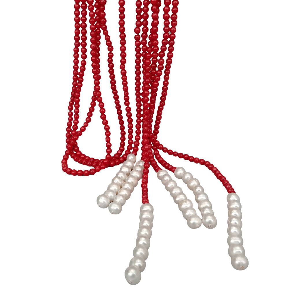 3 Rows Red Coral Cultured White Pearl Lariat Long Necklace 50″