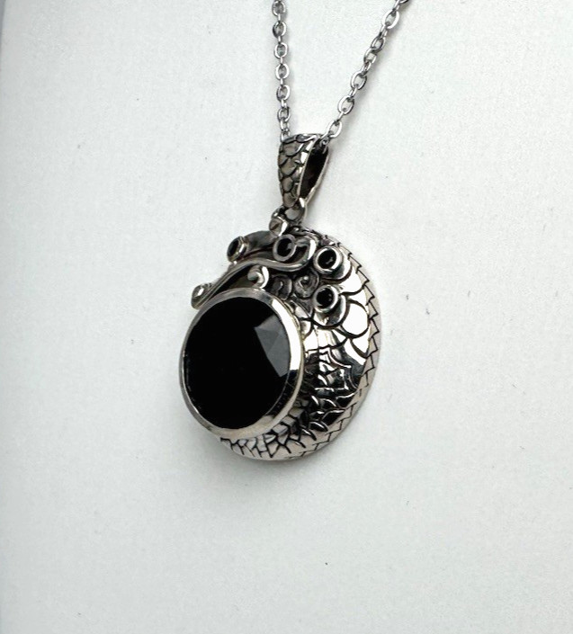 925 Sterling Silver Dragon Pendant Necklace 15mm Thai Black Spinel steel chain