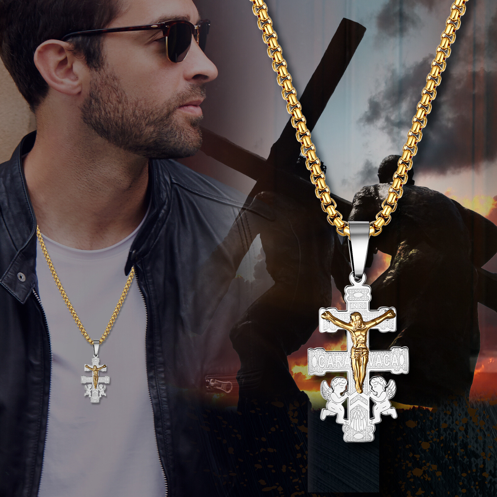 Mens Boys Stainless Steel Caravaca Double Cross Angels Crucifix Pendant Necklace