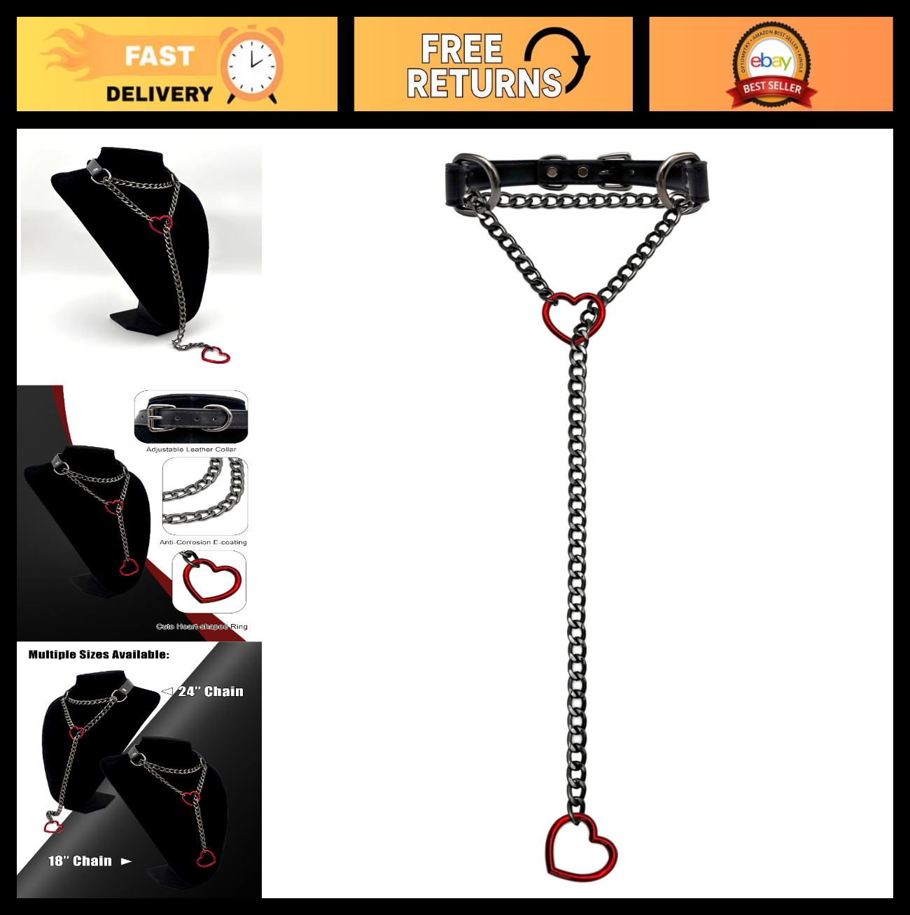 Handmade Black Leather Choker Collar for Women, Adjustable Heart Slip Chain Neck