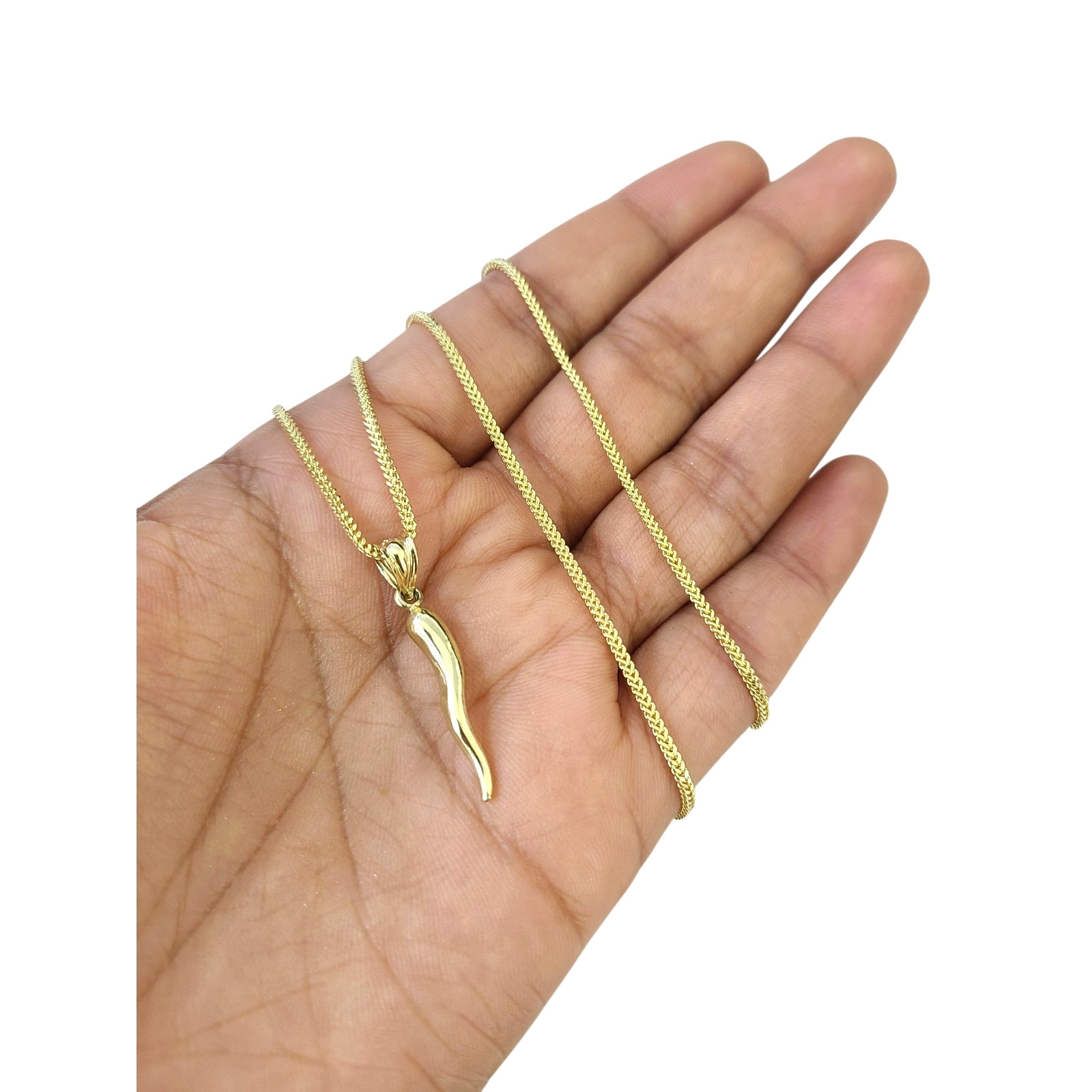 10K Yellow Gold Franco Chain Italian Horn Pendant 1mm 16 18 20 22 24 Women Men