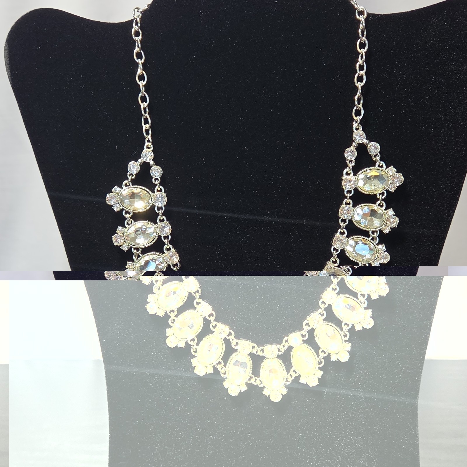 Silver Tone Statement Necklace Clear Oval Crystal Rhinestone Round Link Chain