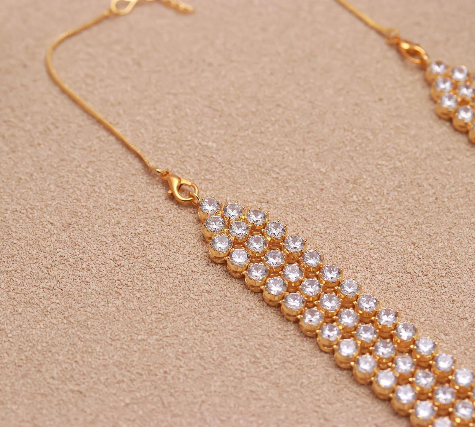 Cubic Zircon Triple Strand Necklace Earrings Set, Gold Plated Bridal Wedding