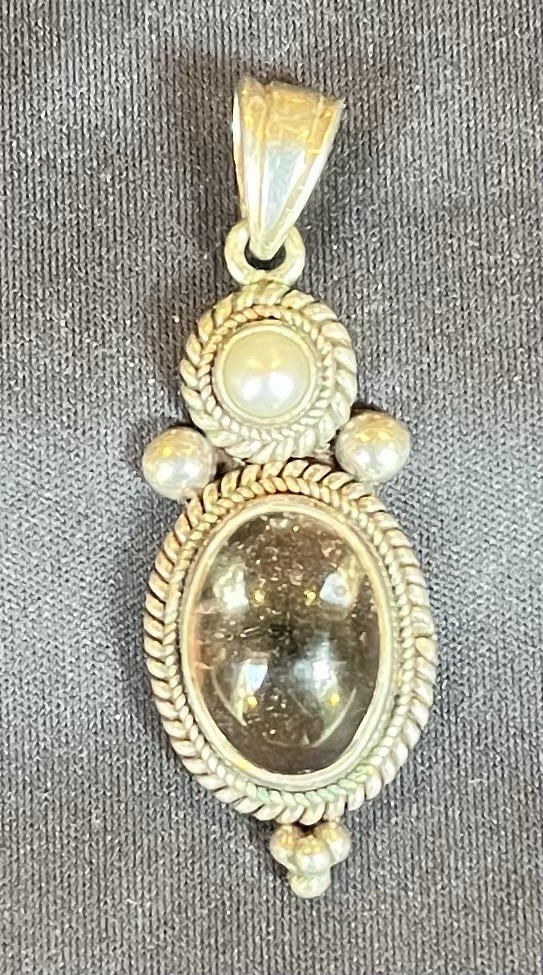 Silver pendant smoky quartz oval cabochon bezel set charm pearl accents