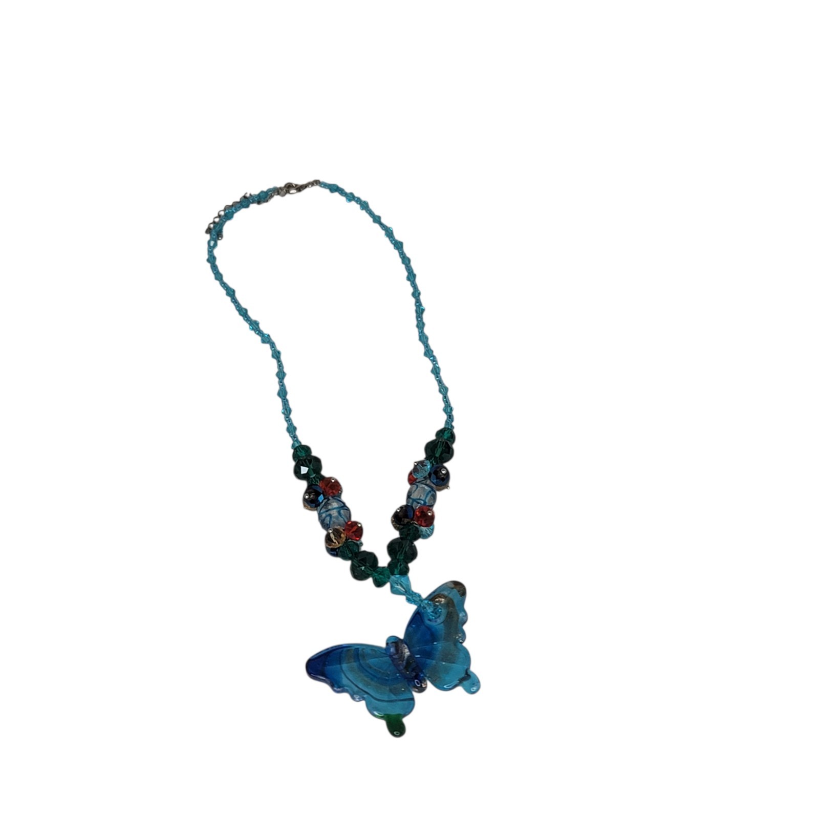 Butterfly Lampwork Necklace Glass Beads Blue Multi Color 18 Inch